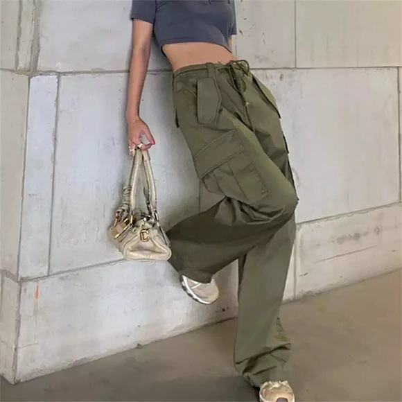 NWT Green cargo pants wide leg with pockets XS S M - Picture 8 of 12